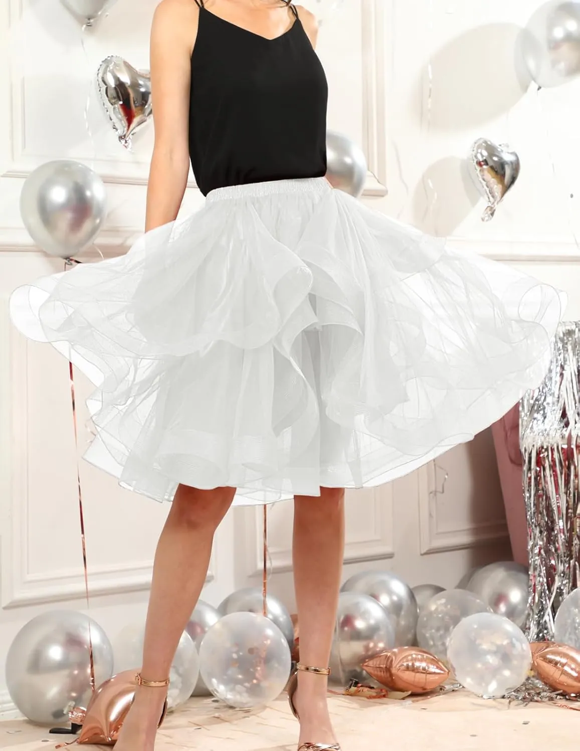 DRESSTELLS Tulle Skirts for Women, A Line Elastic Waist Tiered Layered Puffy Midi Long Party Tutu Skirt