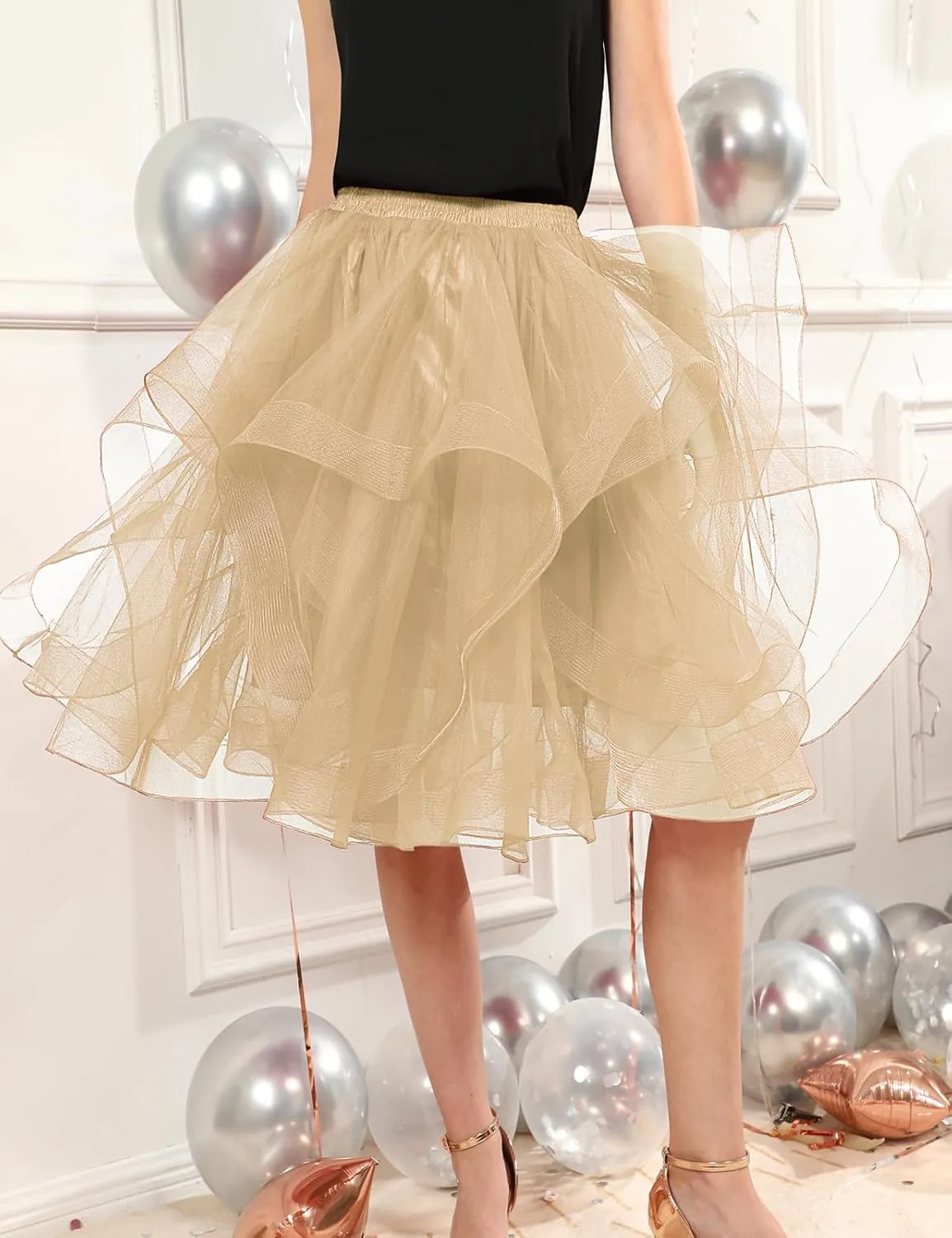 DRESSTELLS Tulle Skirts for Women, A Line Elastic Waist Tiered Layered Puffy Midi Long Party Tutu Skirt
