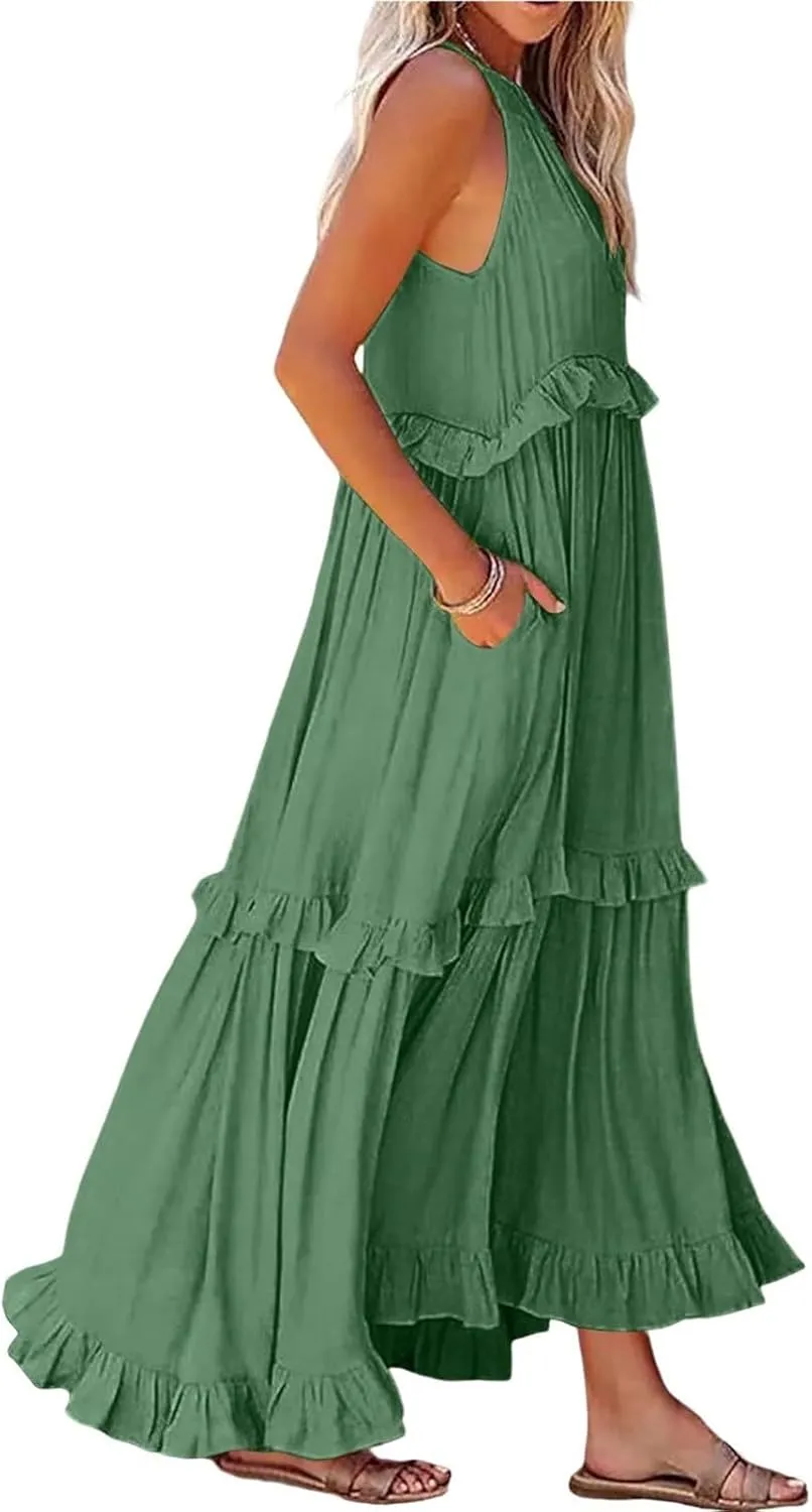 Elegant Women's Sleeveless Maxi Summer Beach Long Loose Flowy Ruffle Tiered Maxi Dress with Pockets