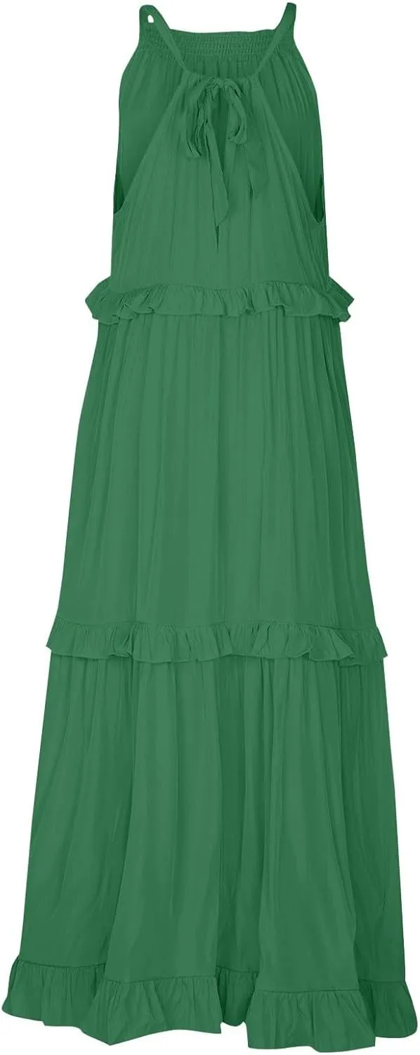 Elegant Women's Sleeveless Maxi Summer Beach Long Loose Flowy Ruffle Tiered Maxi Dress with Pockets