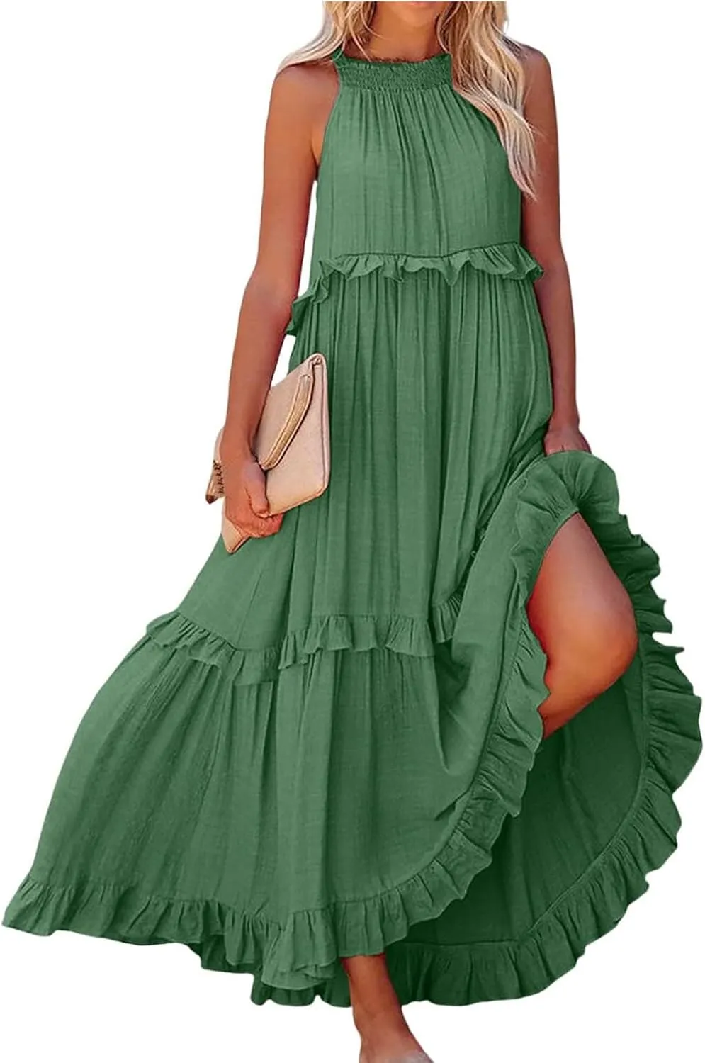 Elegant Women's Sleeveless Maxi Summer Beach Long Loose Flowy Ruffle Tiered Maxi Dress with Pockets