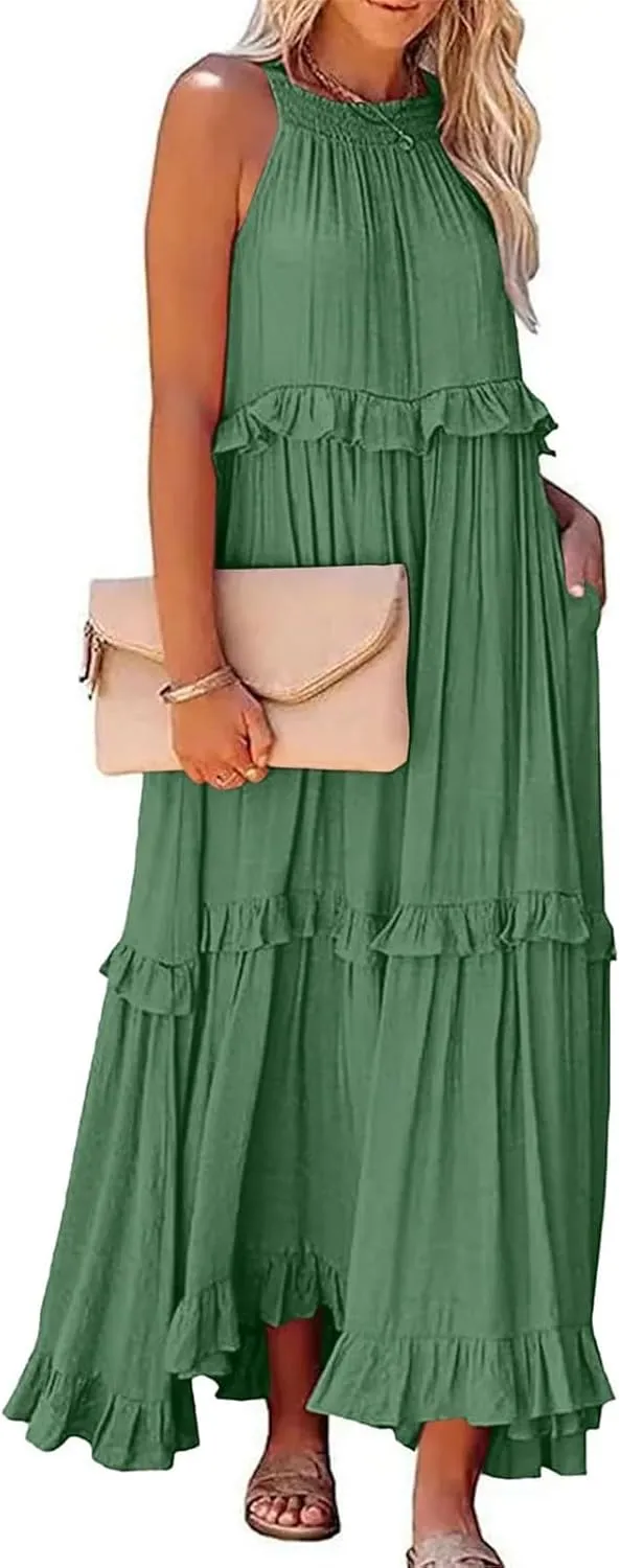 Elegant Women's Sleeveless Maxi Summer Beach Long Loose Flowy Ruffle Tiered Maxi Dress with Pockets