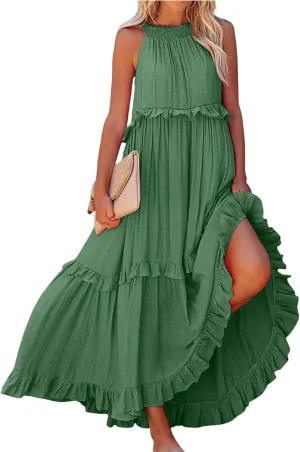 Elegant Women's Sleeveless Maxi Summer Beach Long Loose Flowy Ruffle Tiered Maxi Dress with Pockets