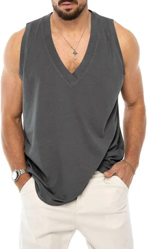 elselect Mens Muscle Tank Tops Casual Sleeveless V Neck T Shirt Loose Summer Tanks Gym Wear