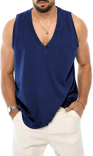 elselect Mens Muscle Tank Tops Casual Sleeveless V Neck T Shirt Loose Summer Tanks Gym Wear