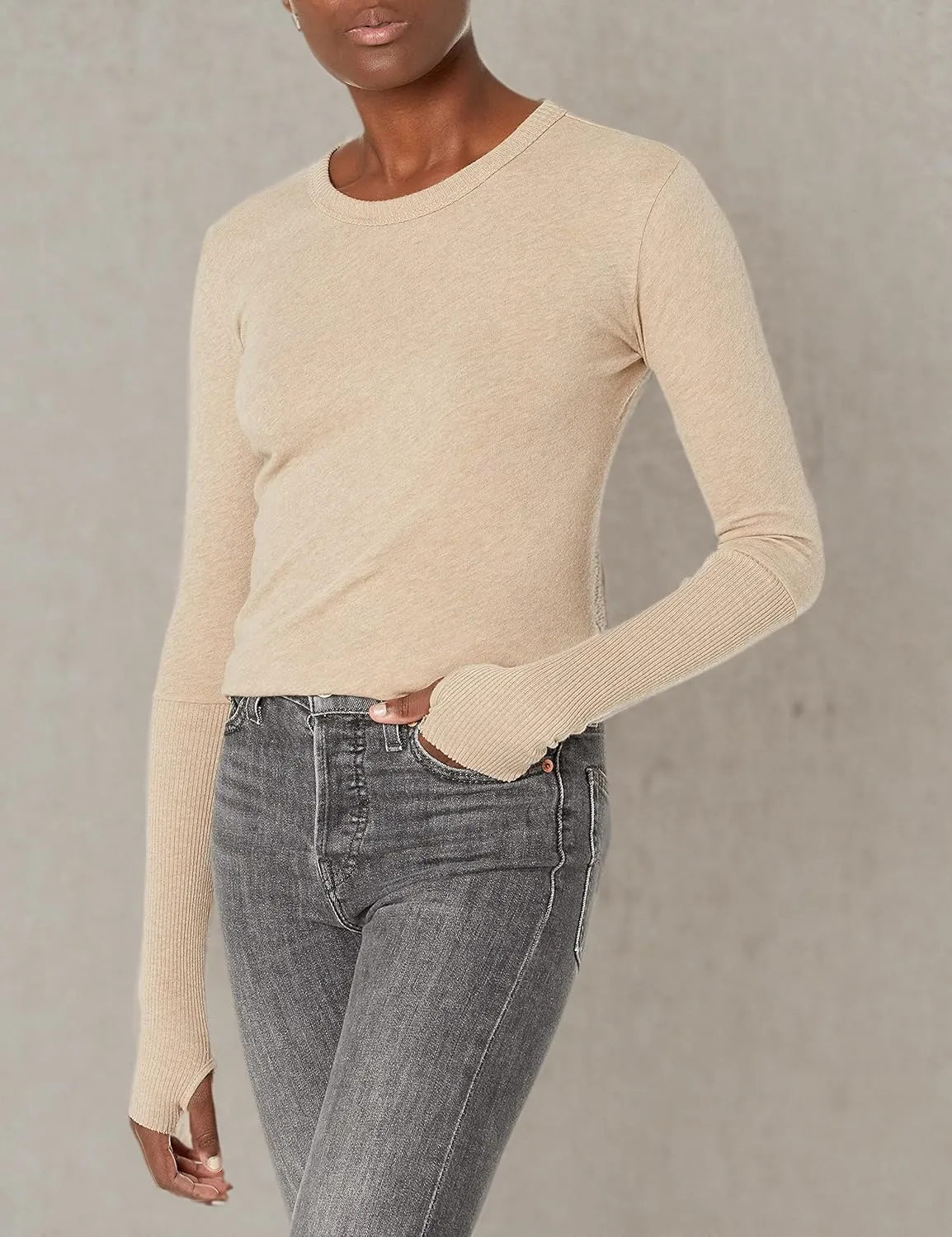 Enza Costa Women’s Cashmere Blend Cuffed Crew Top with Thumbholes