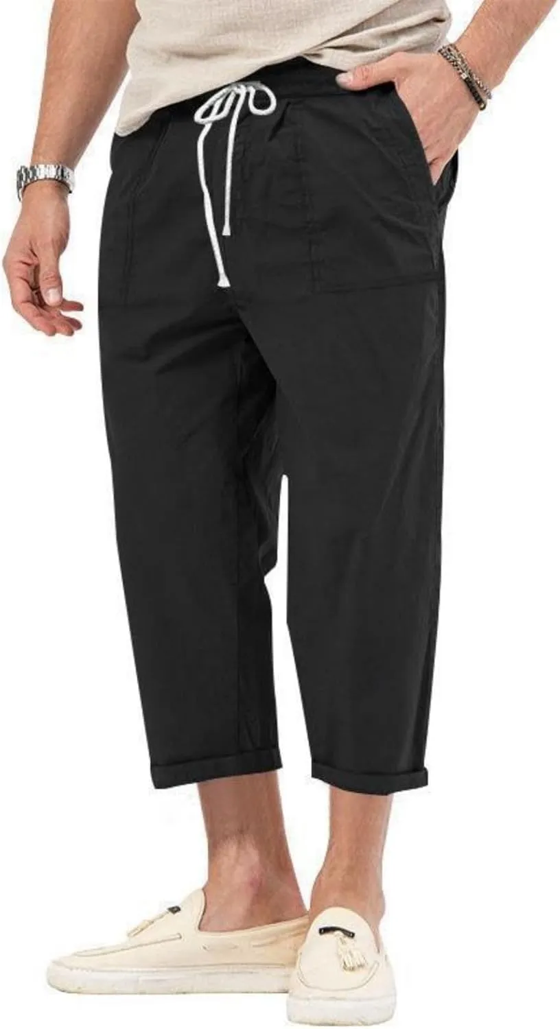 evzosrz Mens Capri Pants Cargo Shorts 3/4 Capri Long Shorts Twill Elastic Below Knee Drawstring Elastic Beach Yoga Pants