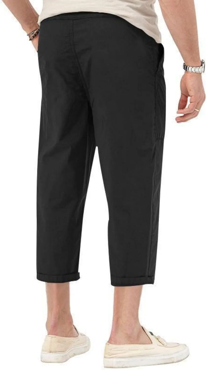 evzosrz Mens Capri Pants Cargo Shorts 3/4 Capri Long Shorts Twill Elastic Below Knee Drawstring Elastic Beach Yoga Pants
