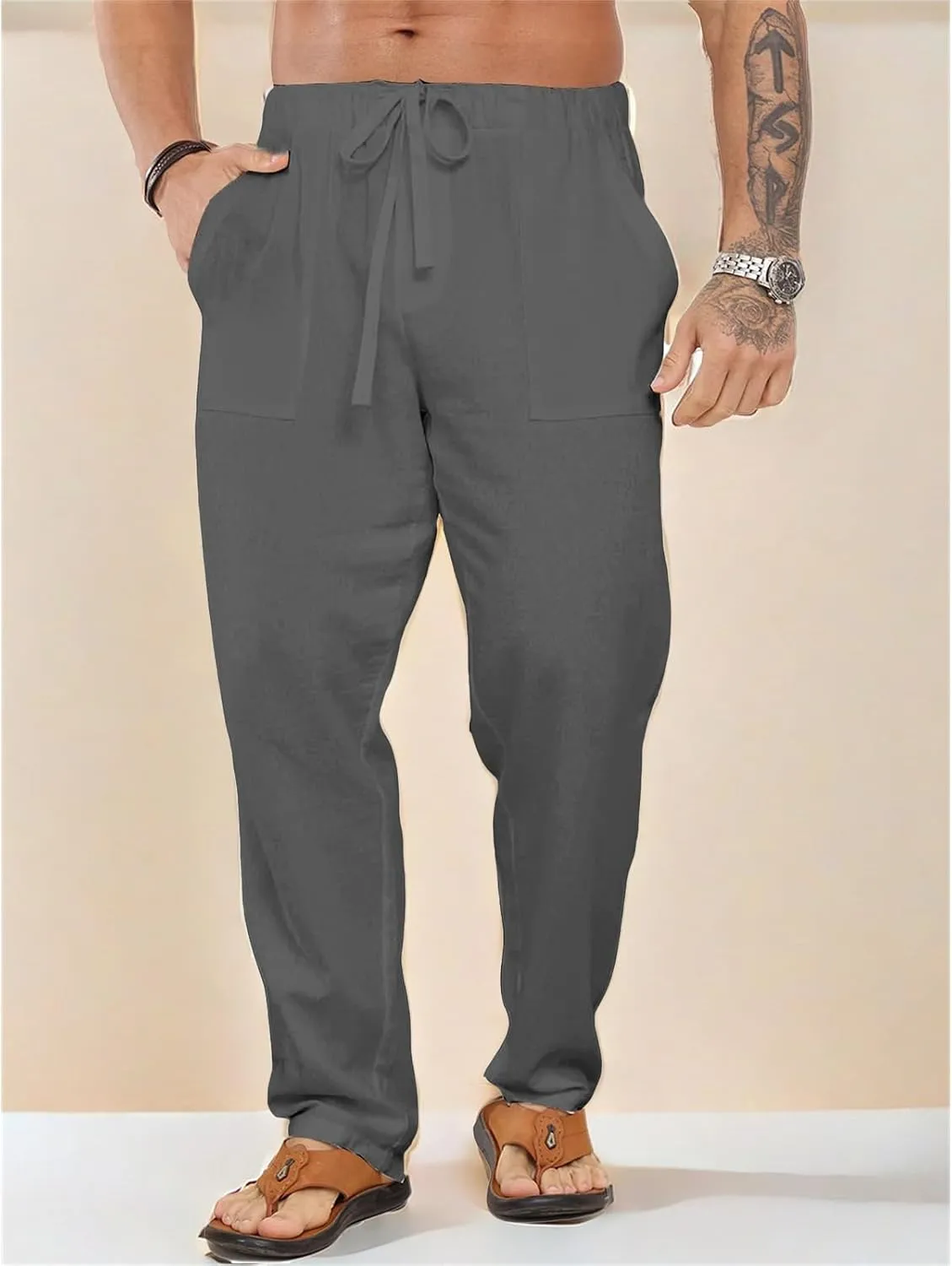 evzosrz Mens Casual Pants Lightweight Drawstring Elastic Waist Straight Legs Yoga Vacation Beach Lounge Solid Loose Trousers