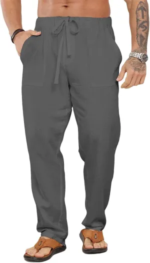 evzosrz Mens Casual Pants Lightweight Drawstring Elastic Waist Straight Legs Yoga Vacation Beach Lounge Solid Loose Trousers