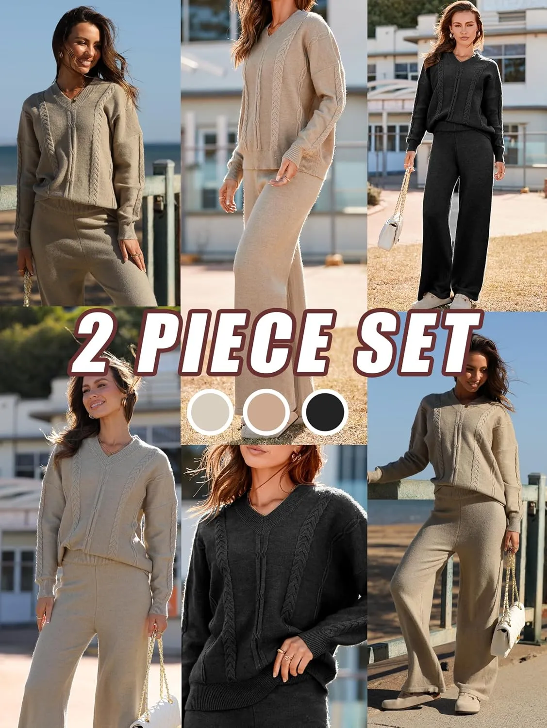 Famulily Womens 2 Piece Outfit Knitted Long Sleeve Sweater Top and Wide Leg Sweater Pant Matching Sets