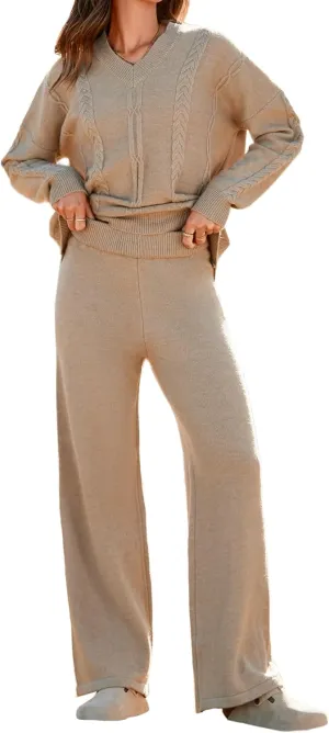 Famulily Womens 2 Piece Outfit Knitted Long Sleeve Sweater Top and Wide Leg Sweater Pant Matching Sets