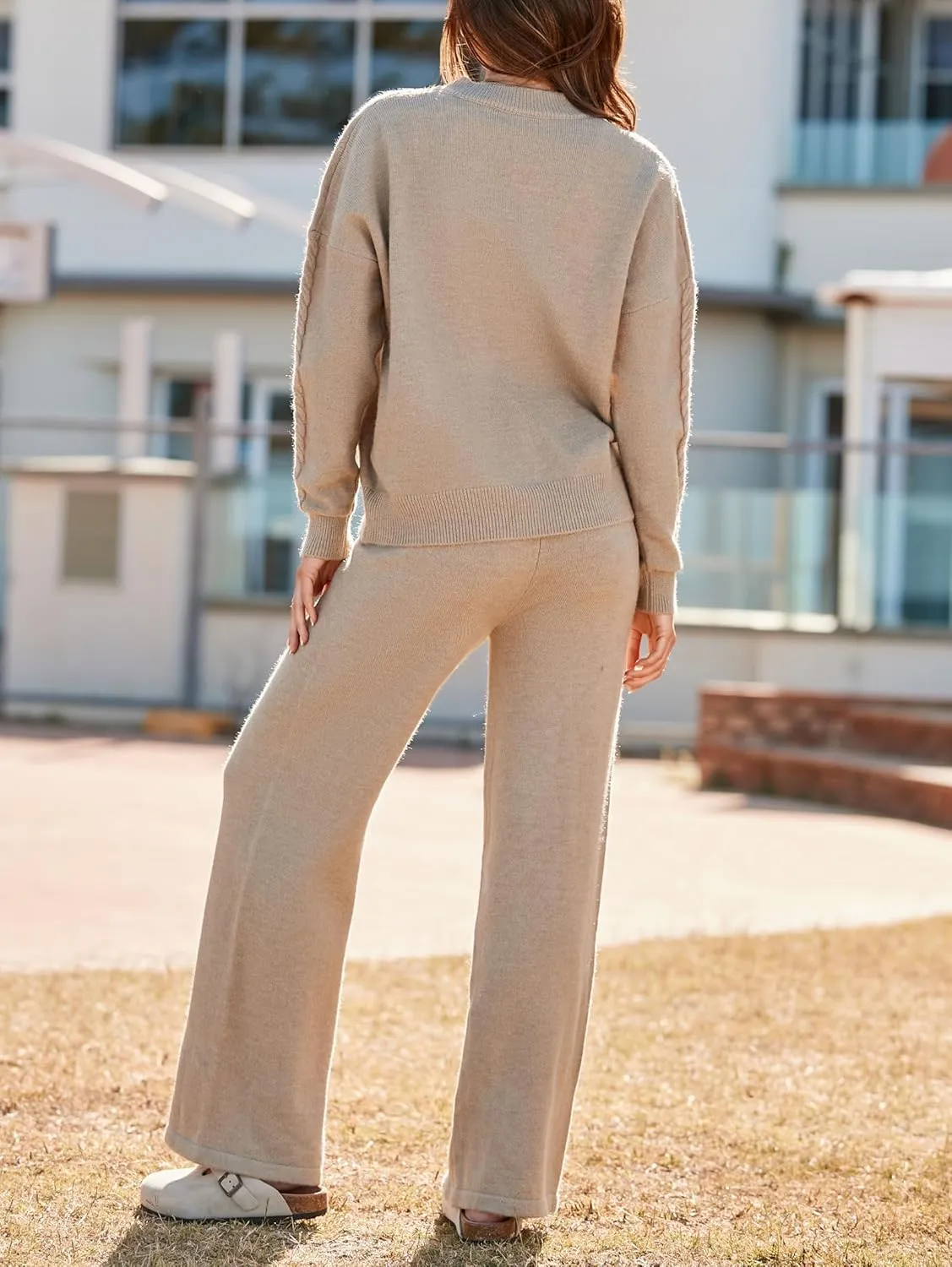 Famulily Womens 2 Piece Outfit Knitted Long Sleeve Sweater Top and Wide Leg Sweater Pant Matching Sets