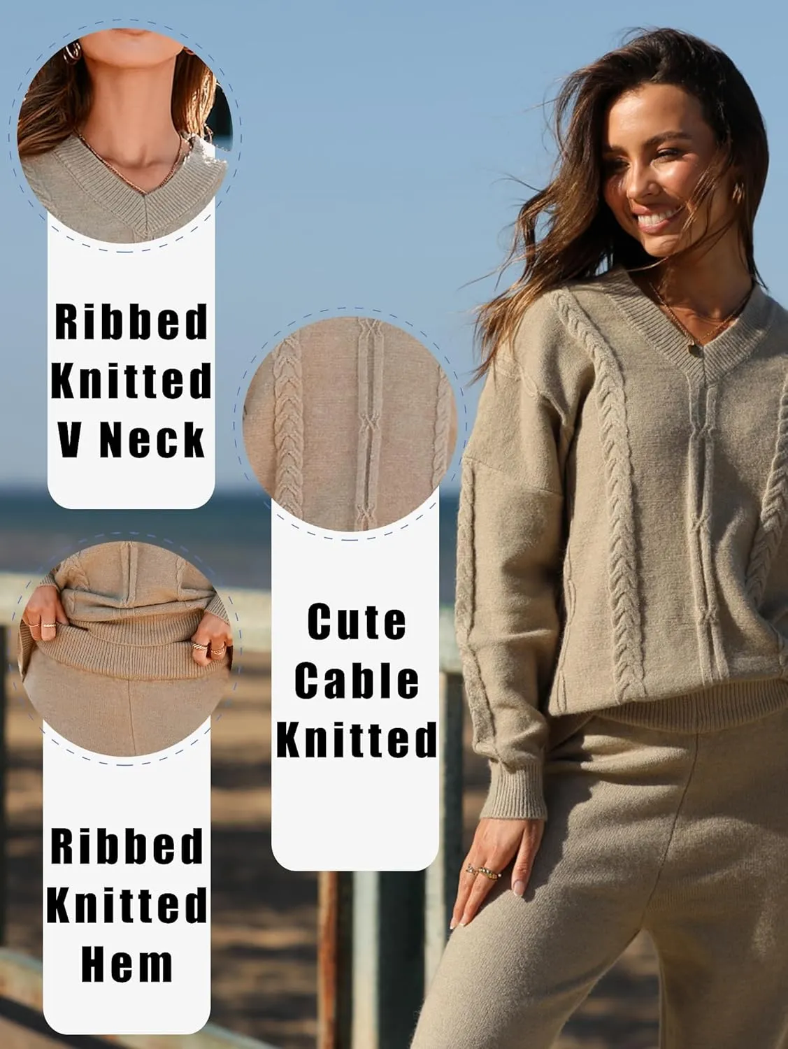 Famulily Womens 2 Piece Outfit Knitted Long Sleeve Sweater Top and Wide Leg Sweater Pant Matching Sets