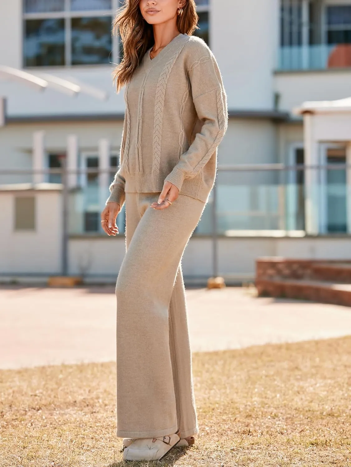 Famulily Womens 2 Piece Outfit Knitted Long Sleeve Sweater Top and Wide Leg Sweater Pant Matching Sets