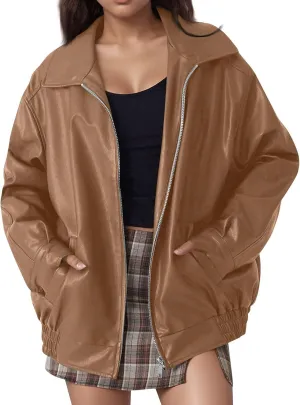 Faux Leather Jacket Women Oversized Trendy Zip Up Motorcycle Jacket Vintage Lapel Bomber Jacket with Pockets