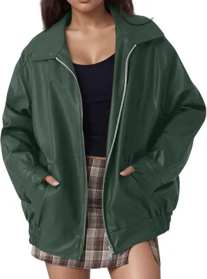 Faux Leather Jacket Women Oversized Trendy Zip Up Motorcycle Jacket Vintage Lapel Bomber Jacket with Pockets