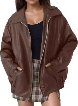 Faux Leather Jacket Women Oversized Trendy Zip Up Motorcycle Jacket Vintage Lapel Bomber Jacket with Pockets
