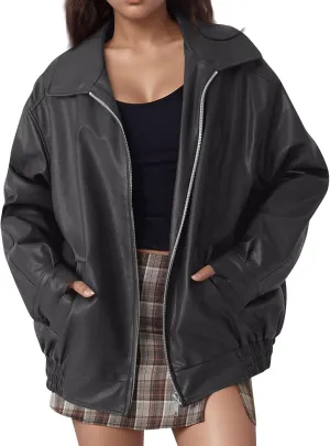 Faux Leather Jacket Women Oversized Trendy Zip Up Motorcycle Jacket Vintage Lapel Bomber Jacket with Pockets