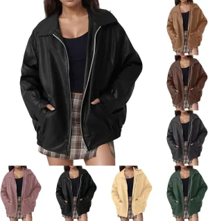 Faux Leather Jacket Women Oversized Trendy Zip Up Motorcycle Jacket Vintage Lapel Bomber Jacket with Pockets