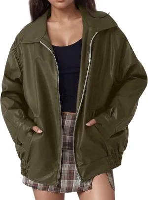Faux Leather Jacket Women Oversized Trendy Zip Up Motorcycle Jacket Vintage Lapel Bomber Jacket with Pockets