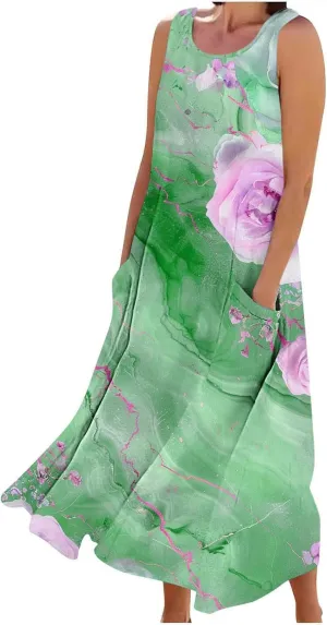 Finelylove Maxi Summer Dresses for Women Sleeveless Cotton Linen Boho Dress Loose Fit Floral Tank Dress Long Sundress Spring