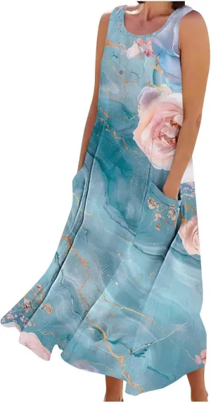 Finelylove Maxi Summer Dresses for Women Sleeveless Cotton Linen Boho Dress Loose Fit Floral Tank Dress Long Sundress Spring