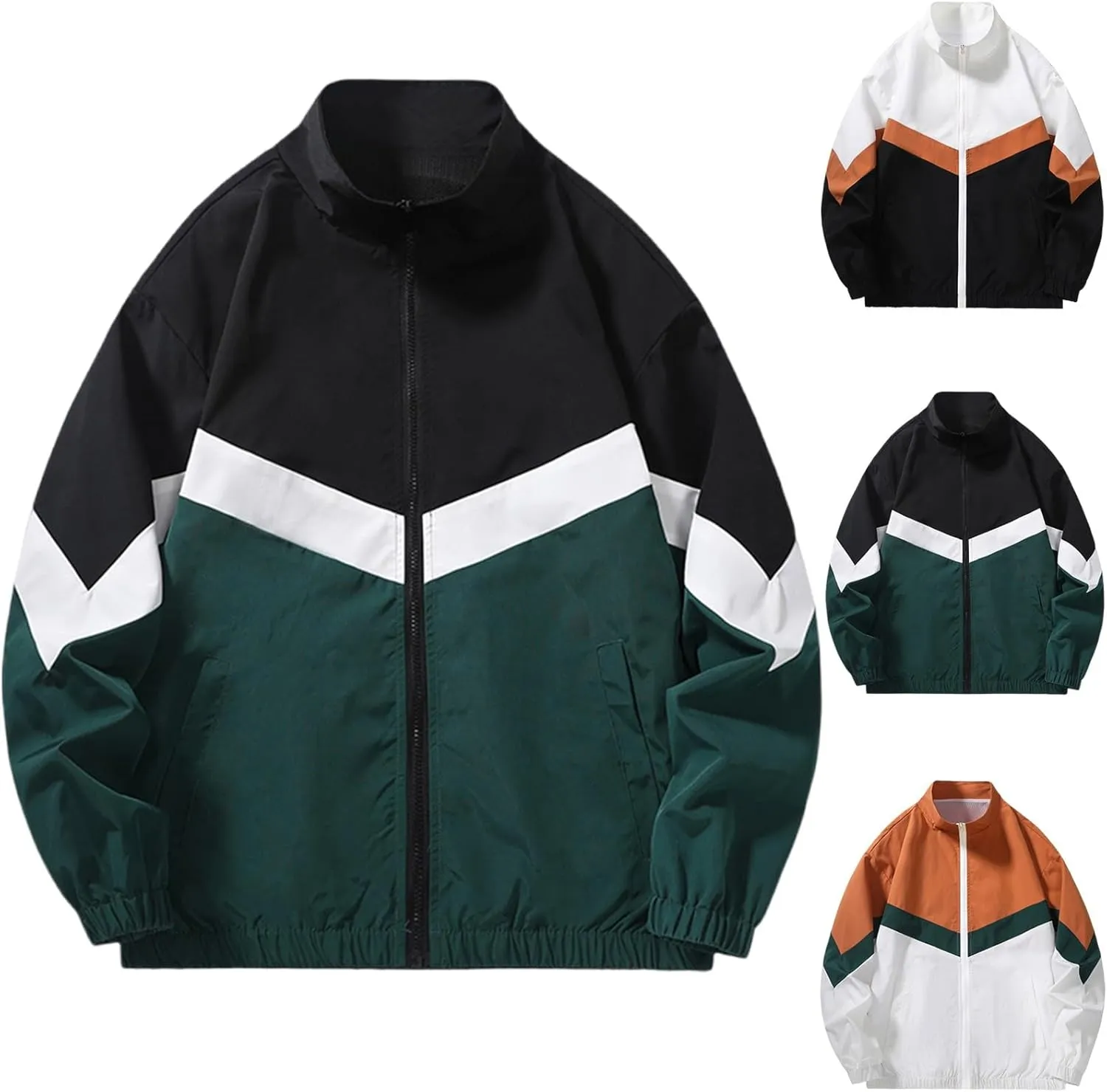 Finelylove Mens Casual Bomber Jacket Lightweight Zip Up Stand Collar Varsity Jacket Fashion Color Block Windbreaker