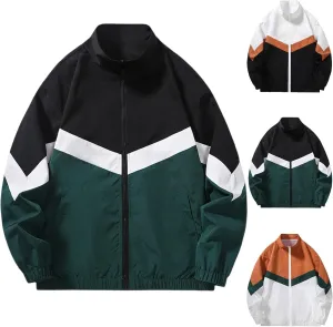 Finelylove Mens Casual Bomber Jacket Lightweight Zip Up Stand Collar Varsity Jacket Fashion Color Block Windbreaker