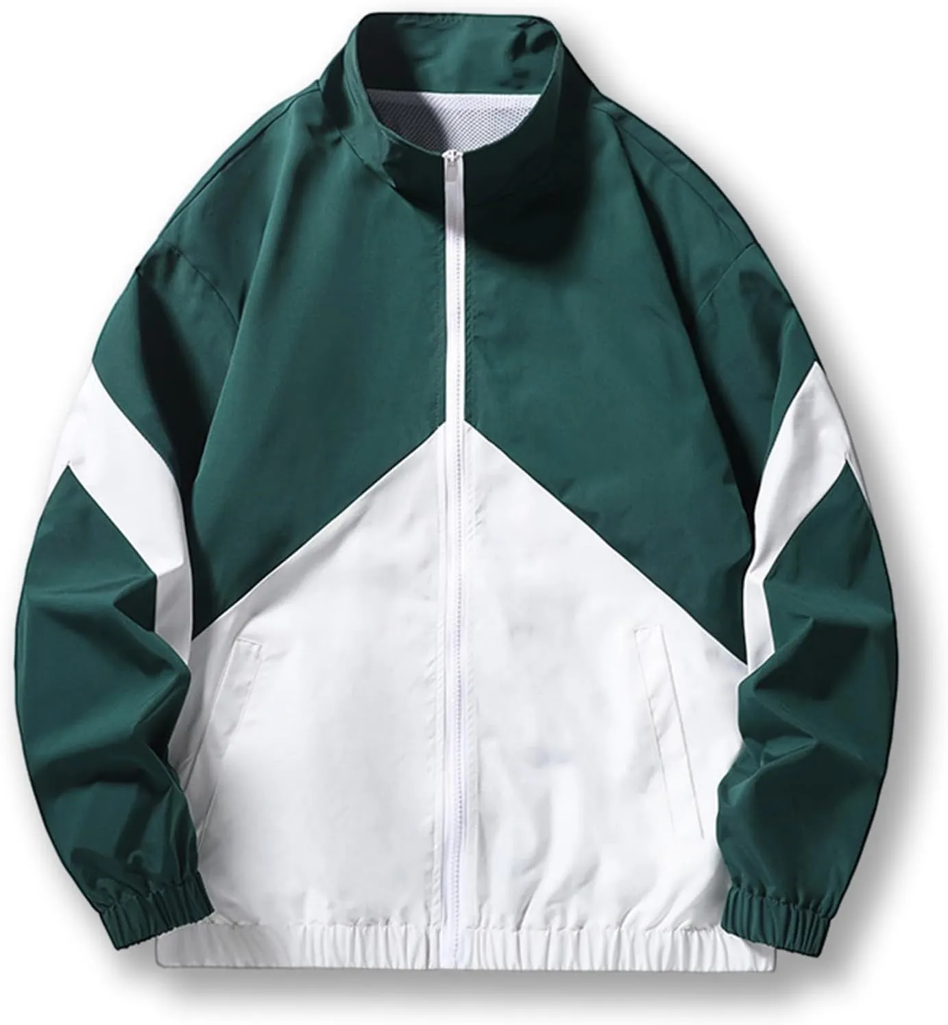 Finelylove Mens Casual Bomber Jacket Lightweight Zip Up Stand Collar Varsity Jacket Fashion Color Block Windbreaker