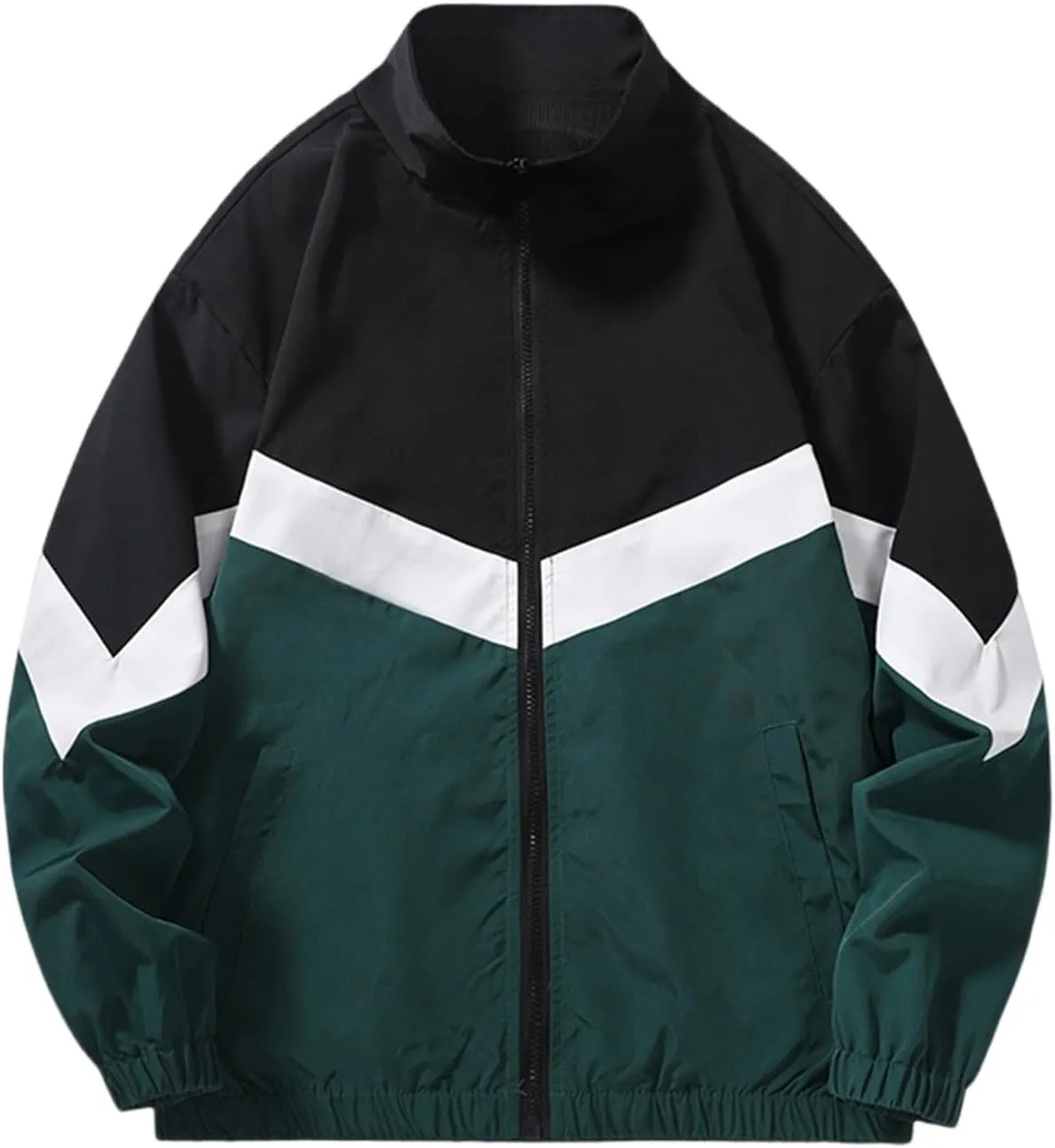 Finelylove Mens Casual Bomber Jacket Lightweight Zip Up Stand Collar Varsity Jacket Fashion Color Block Windbreaker