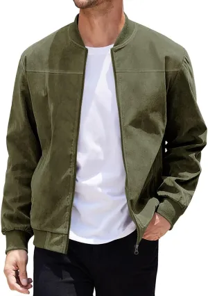 Finelylove Mens Faux Suede Leather Jacket Lightweight Casual Solid Bomber Jacket Water Resistant Windbreaker Outwear