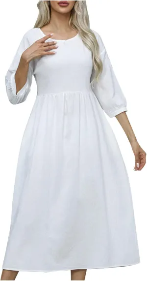 Finelylove Womens Casual Midi Dress Cotton Linen A Line Summer Dress Half Sleeve Flowy Sundress Casual Vacation Beach Dress