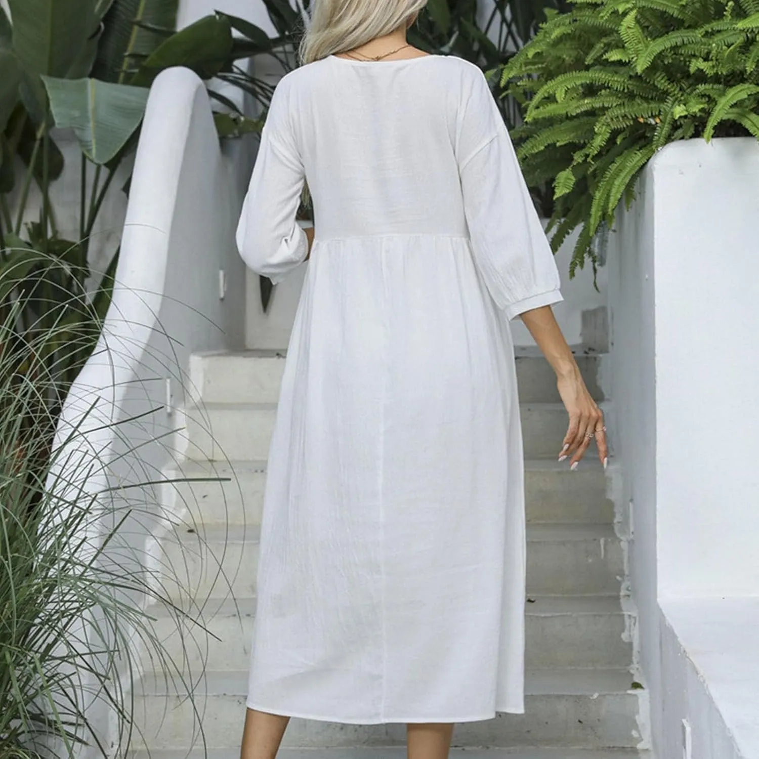 Finelylove Womens Casual Midi Dress Cotton Linen A Line Summer Dress Half Sleeve Flowy Sundress Casual Vacation Beach Dress