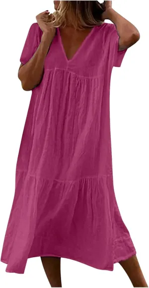Finelylove Women's Casual Summer Dresses V Ncek Linen Shift Dress Loose Fit Comfy T-Shirt Dress Midi Beach Veacation Sundress