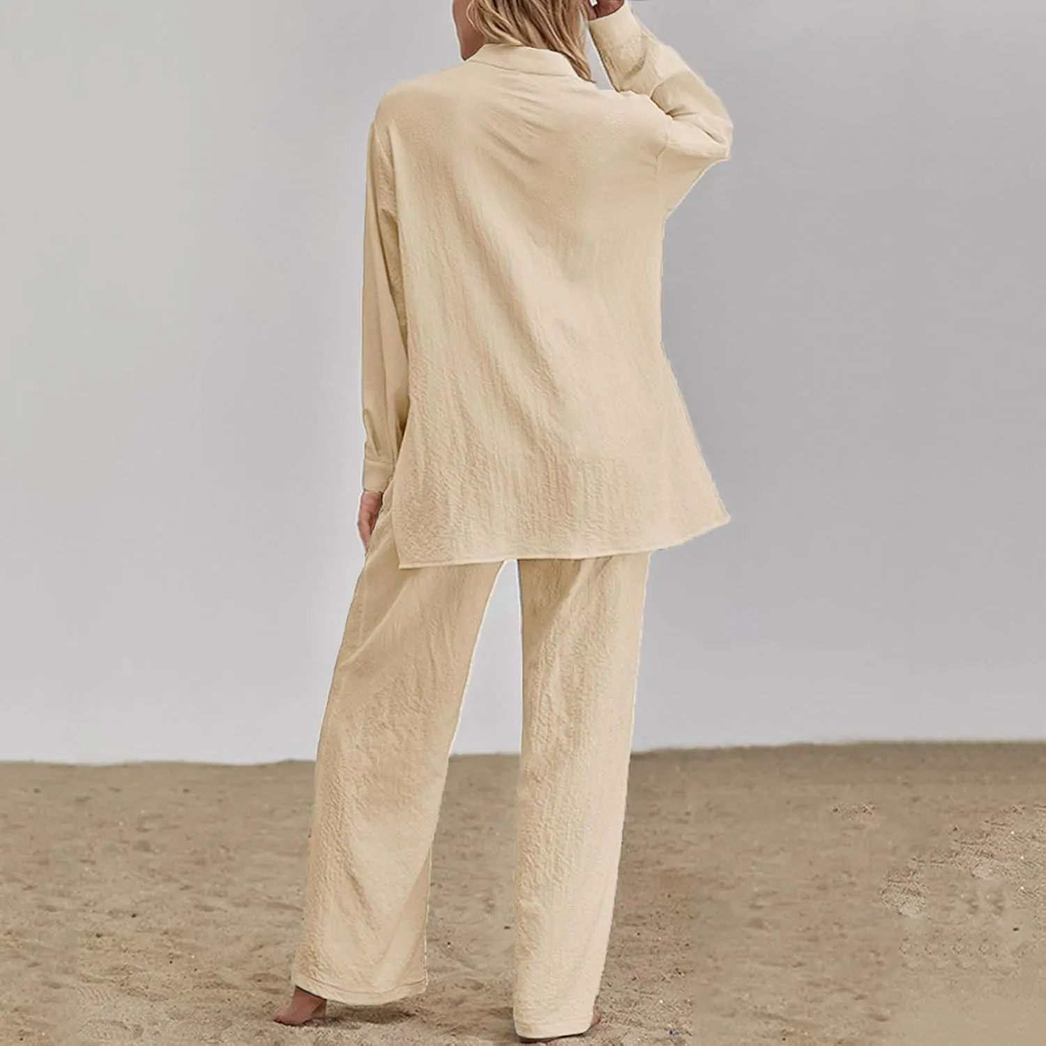 Firzero Women's 2 Piece Outfits Plus Size Linen Long Sleeve Shirt and Pants Sets Cardigan and High Waist Pants Lounge Set