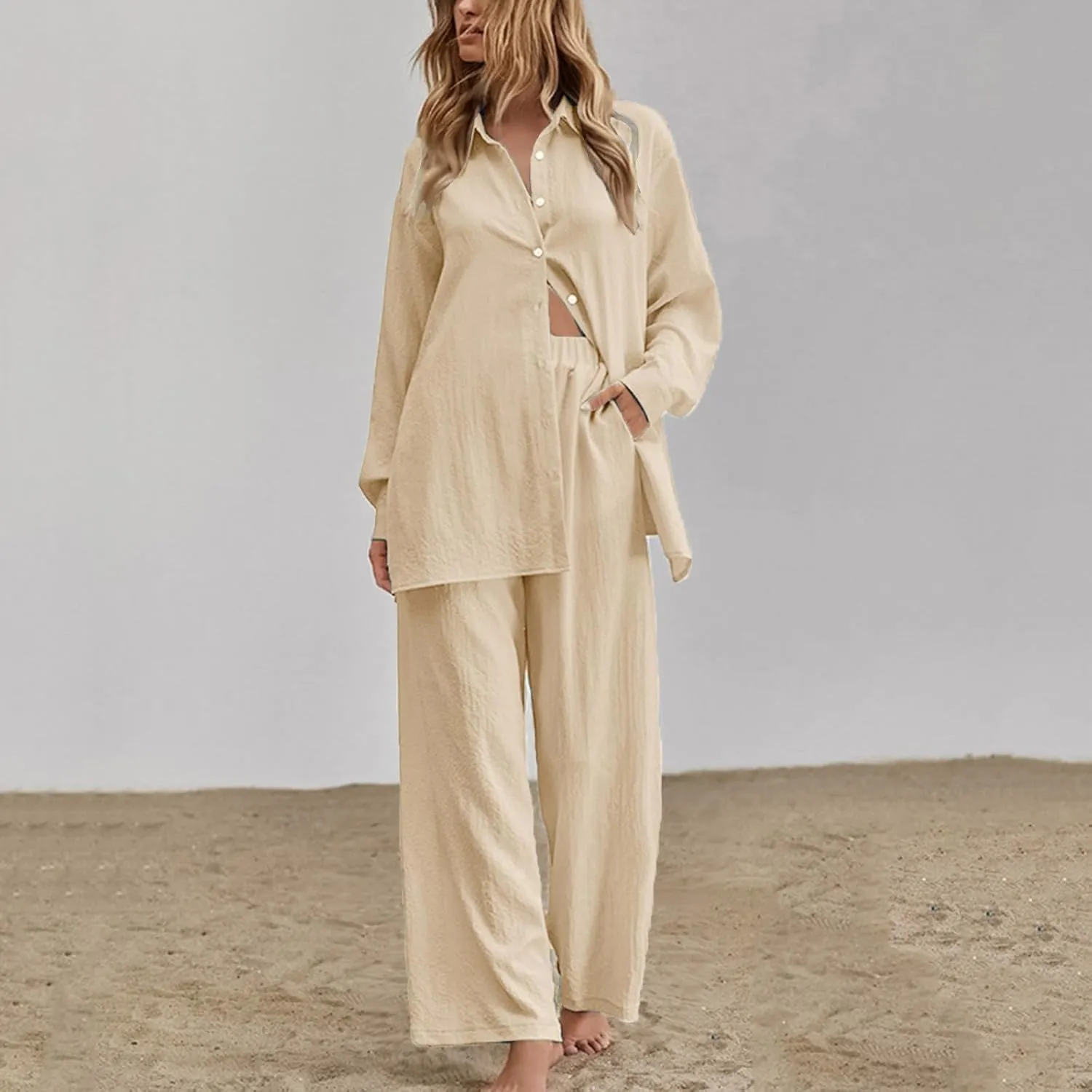 Firzero Women's 2 Piece Outfits Plus Size Linen Long Sleeve Shirt and Pants Sets Cardigan and High Waist Pants Lounge Set
