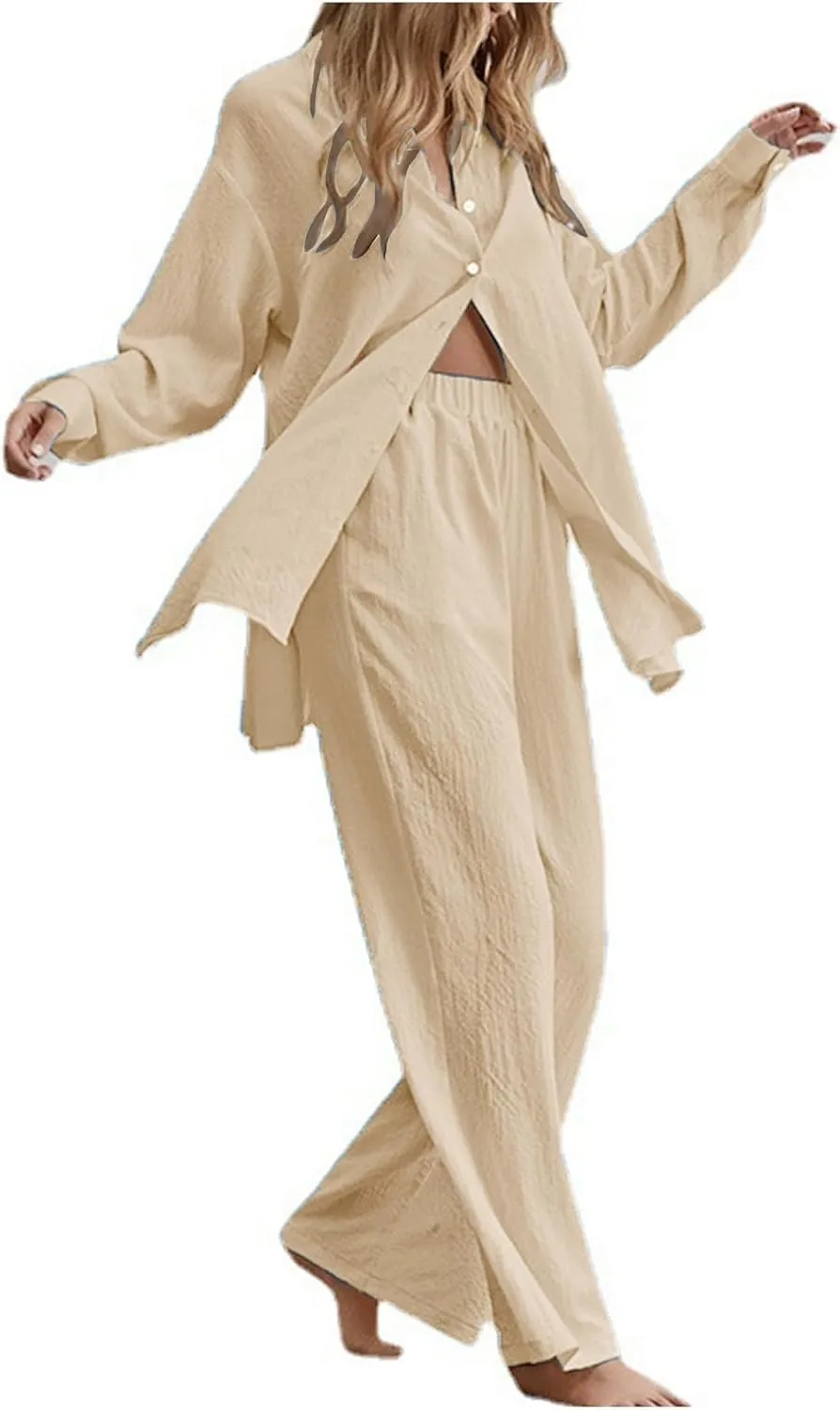 Firzero Women's 2 Piece Outfits Plus Size Linen Long Sleeve Shirt and Pants Sets Cardigan and High Waist Pants Lounge Set