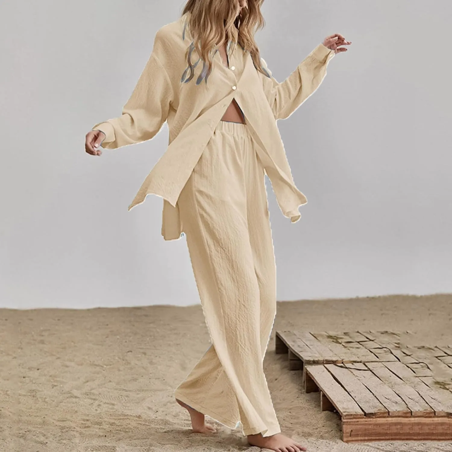 Firzero Women's 2 Piece Outfits Plus Size Linen Long Sleeve Shirt and Pants Sets Cardigan and High Waist Pants Lounge Set