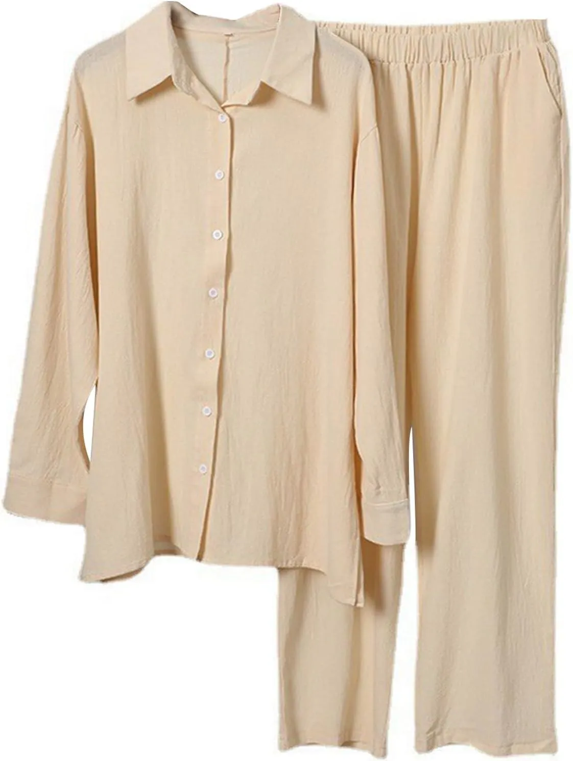 Firzero Women's 2 Piece Outfits Plus Size Linen Long Sleeve Shirt and Pants Sets Cardigan and High Waist Pants Lounge Set