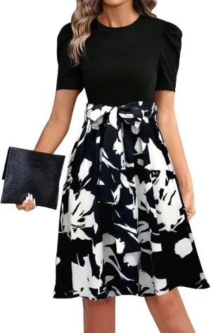 Floral Mini Dress for Women Causal Summer Tie Empire Waist Wrap Dress Short Sleeve Knee Length Flowy Ruffle Dresses