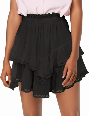 Flowy Skirts for Women Elastic High Waisted Pleated Mini Skirts Casual Summer Y2k Ruffle Skirt Lace Trim Boho Skirts
