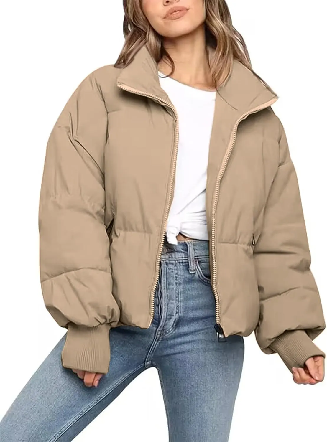 Flygo Women Cropped Puffer Jacket Winter Jackets Lightweight Zip Up Stand Collar Quilted Coats