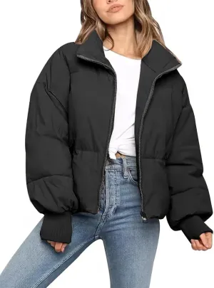 Flygo Women Cropped Puffer Jacket Winter Jackets Lightweight Zip Up Stand Collar Quilted Coats