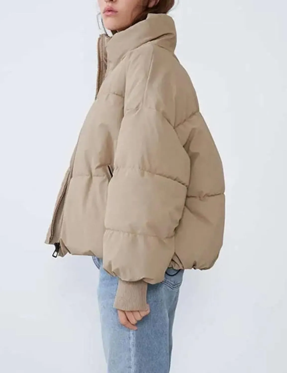 Flygo Women Cropped Puffer Jacket Winter Jackets Lightweight Zip Up Stand Collar Quilted Coats
