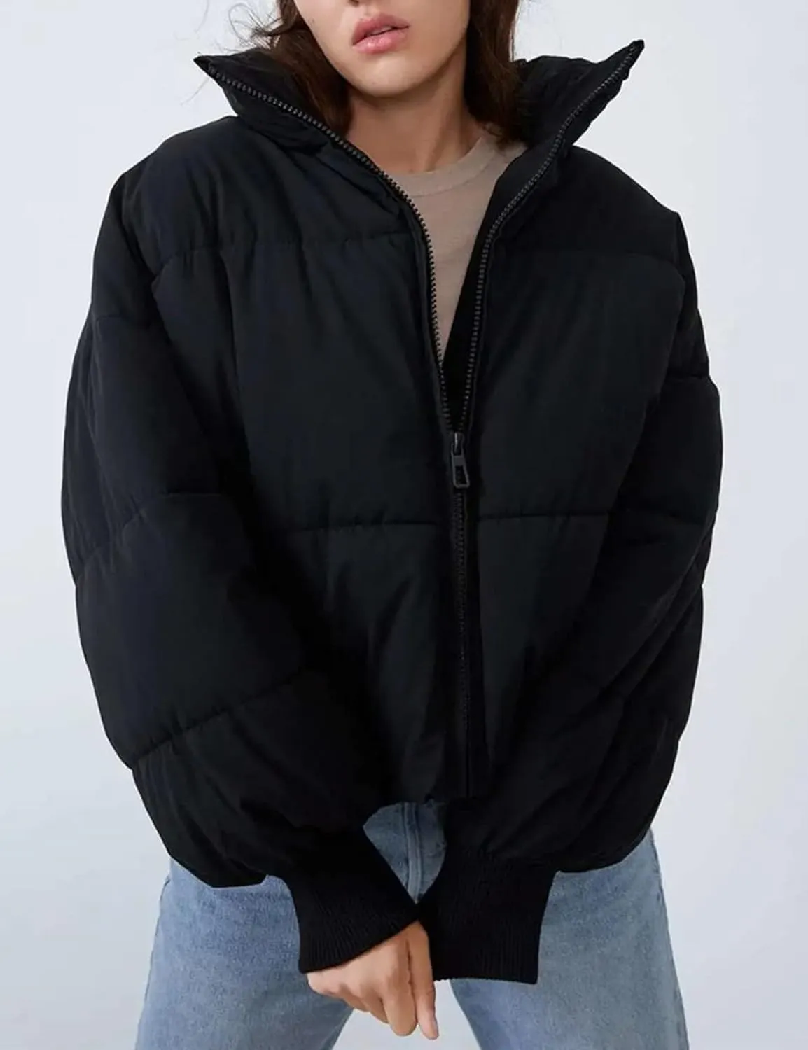 Flygo Women Cropped Puffer Jacket Winter Jackets Lightweight Zip Up Stand Collar Quilted Coats