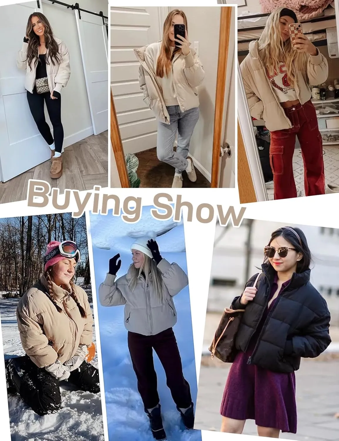 Flygo Women Cropped Puffer Jacket Winter Jackets Lightweight Zip Up Stand Collar Quilted Coats