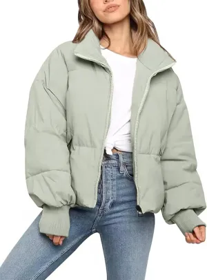 Flygo Women Cropped Puffer Jacket Winter Jackets Lightweight Zip Up Stand Collar Quilted Coats