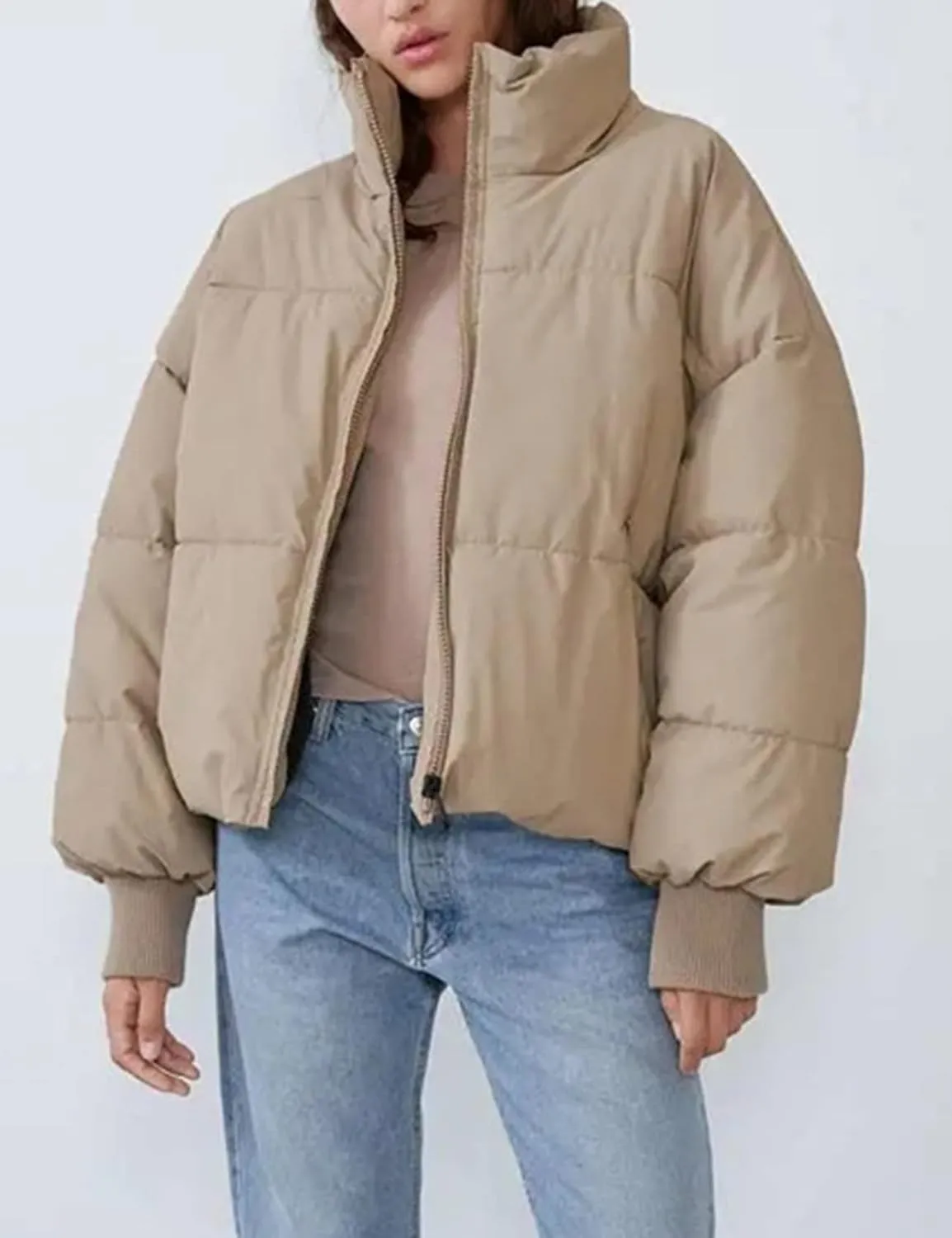 Flygo Women Cropped Puffer Jacket Winter Jackets Lightweight Zip Up Stand Collar Quilted Coats