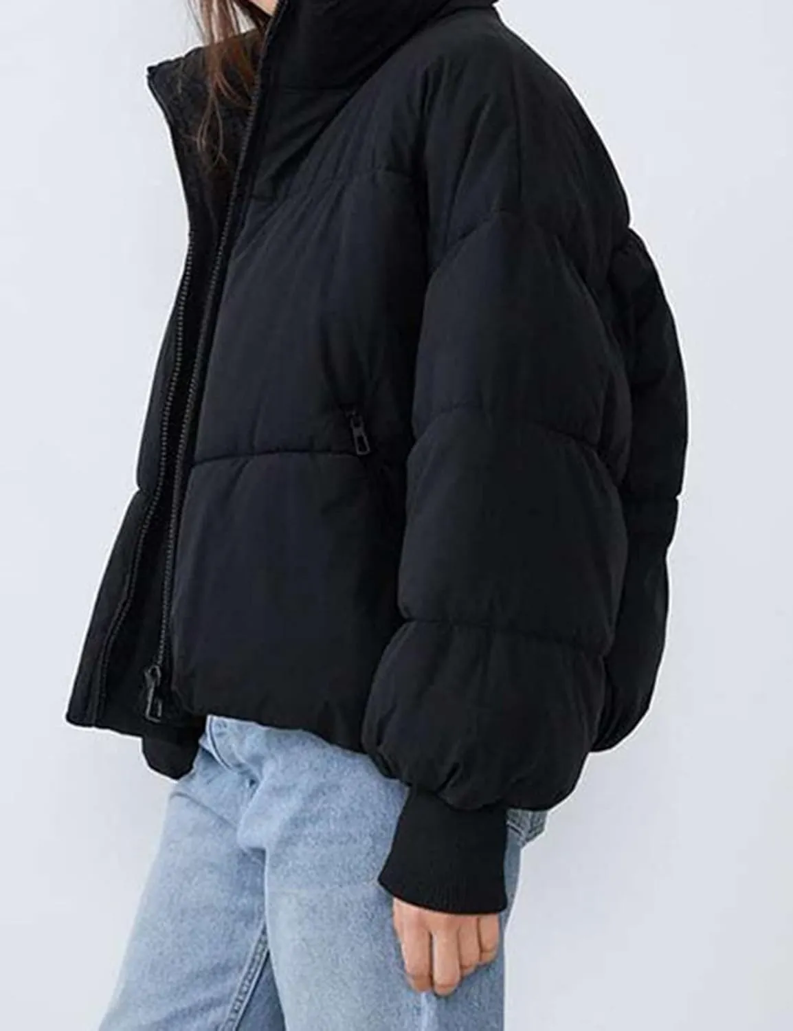 Flygo Women Cropped Puffer Jacket Winter Jackets Lightweight Zip Up Stand Collar Quilted Coats
